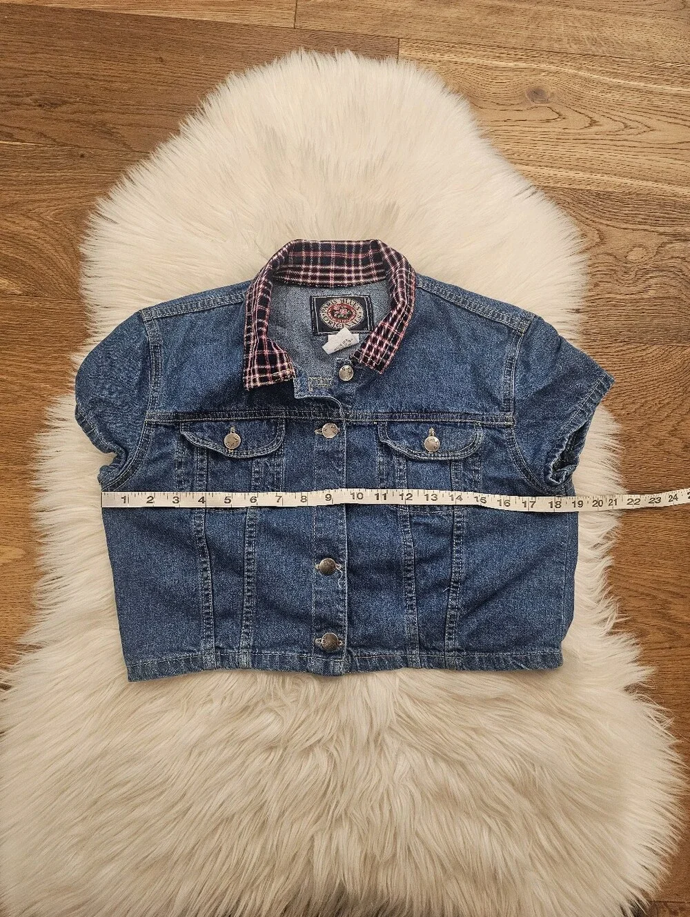 Vintage Paris Blues Denim Crop Jacket with Plaid Lining